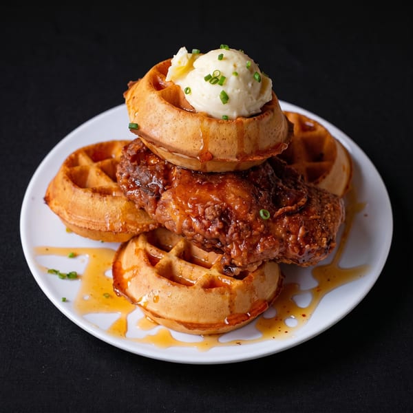 Chicken and waffles with syrup, mashed potatoes, and chives on a white plate.