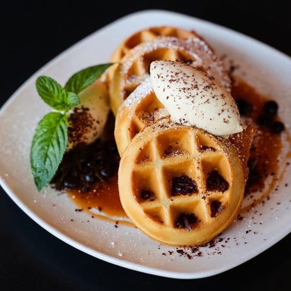 Golden waffles with ice cream, chocolate shavings, mint, and syrup on a white plate.