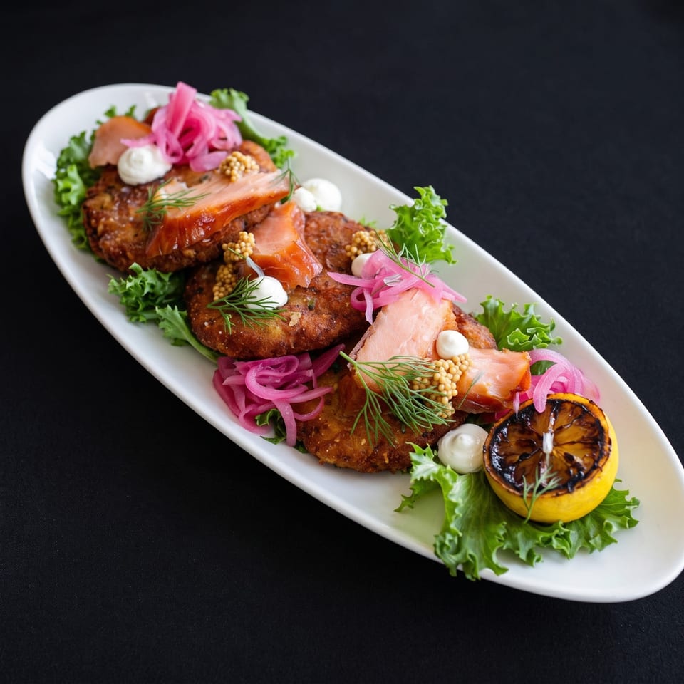 Crispy potato pancakes topped with smoked salmon, pickled onions, dill, and a grilled lemon.