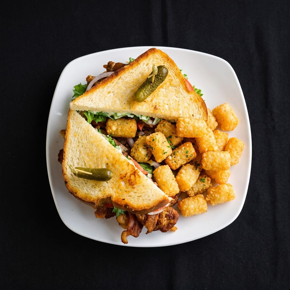 A toasted sandwich with meat, lettuce, tomato, and onion, served with a side of tater tots.
